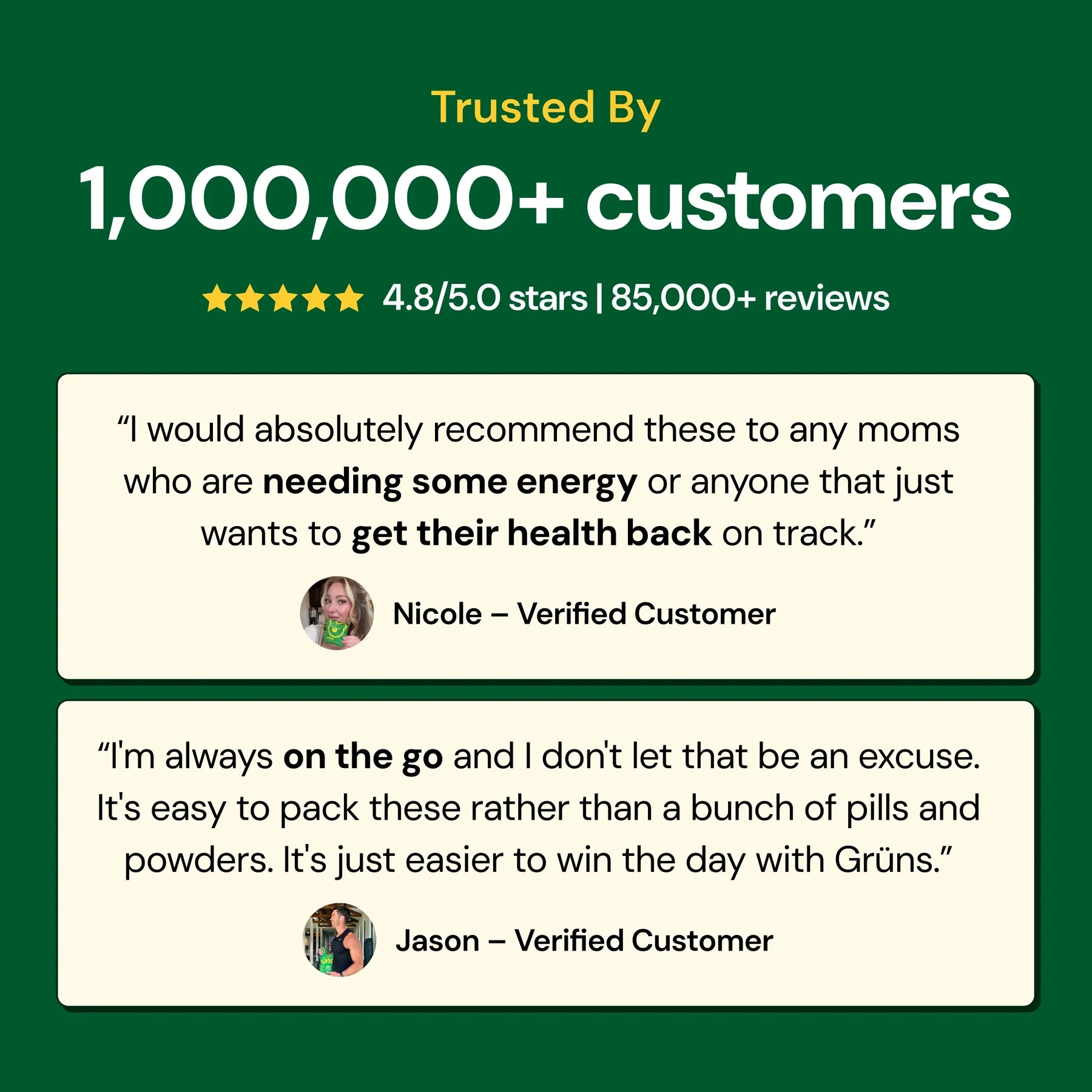 Product advertisement with customer testimonials and trust metrics, over 1,000,000 customers, 4.8 stars